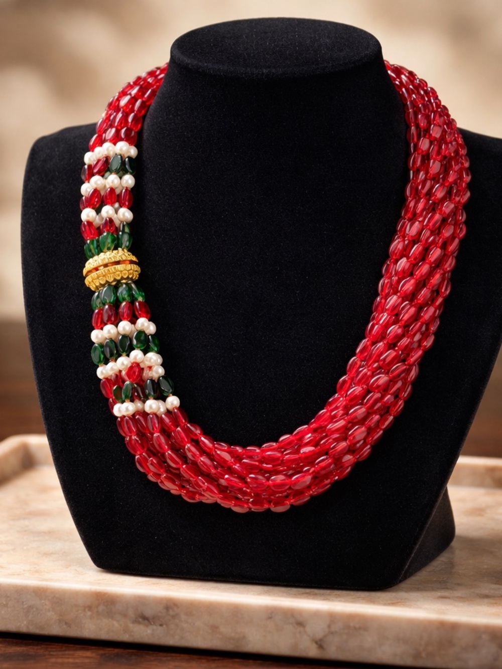 Vintage Multi Strand Red Glass Bead Necklace Pearls Green Beads best overall - Picture 1 of 3